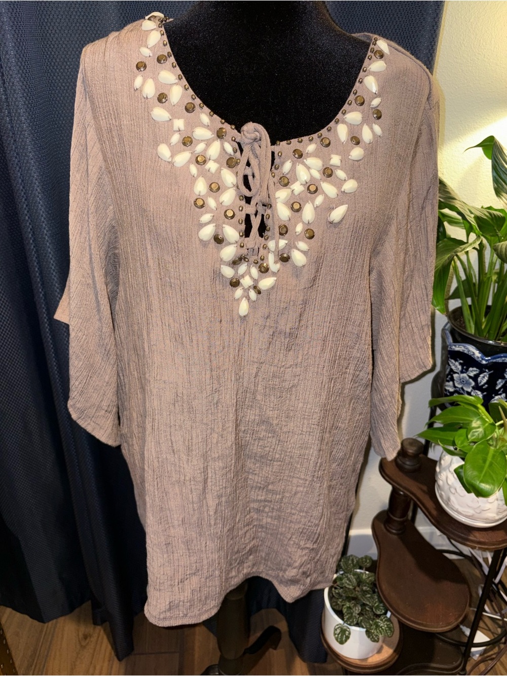 dressbarn Mauve Taupe Embellished Peasant Tunic